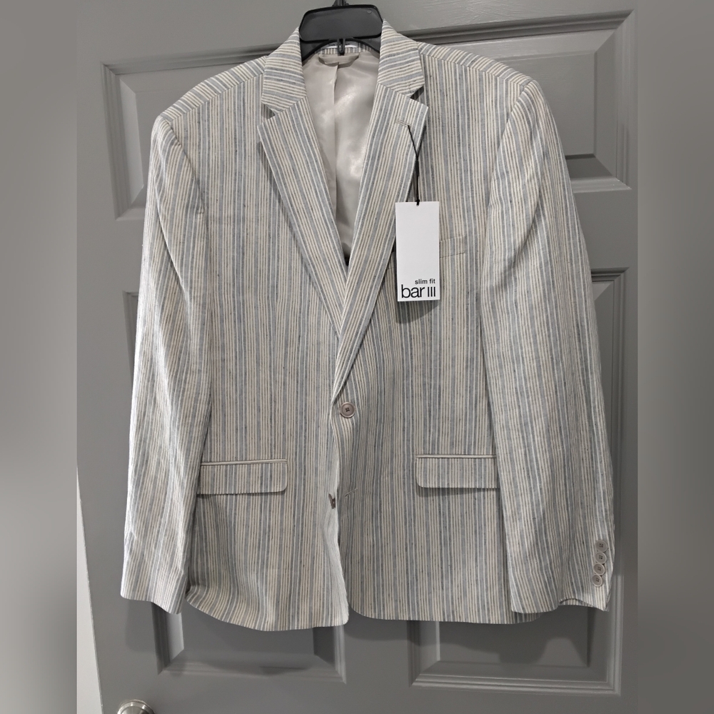 Bar III Men's Slim Fit Light Gray Striped Blazer